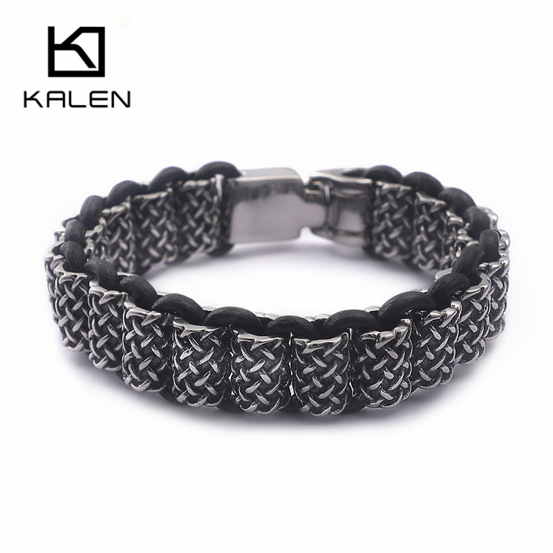 Men Accessories Ring And Bracelet - KALEN Vintage Schwarz Leder Link Armbänder