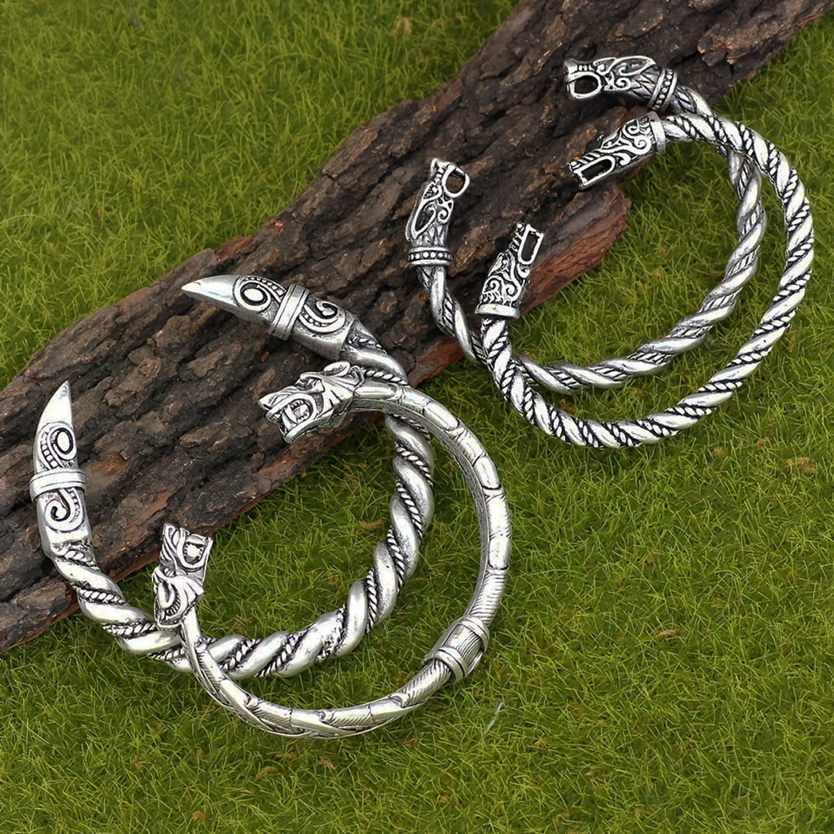 Men Accessories Ring And Bracelet - 4-teiliges nordisches Wikinger-Retro-Norweger Wolfskopf-Crowbeak-Armband-Set, Armband, Party-Zubehör,