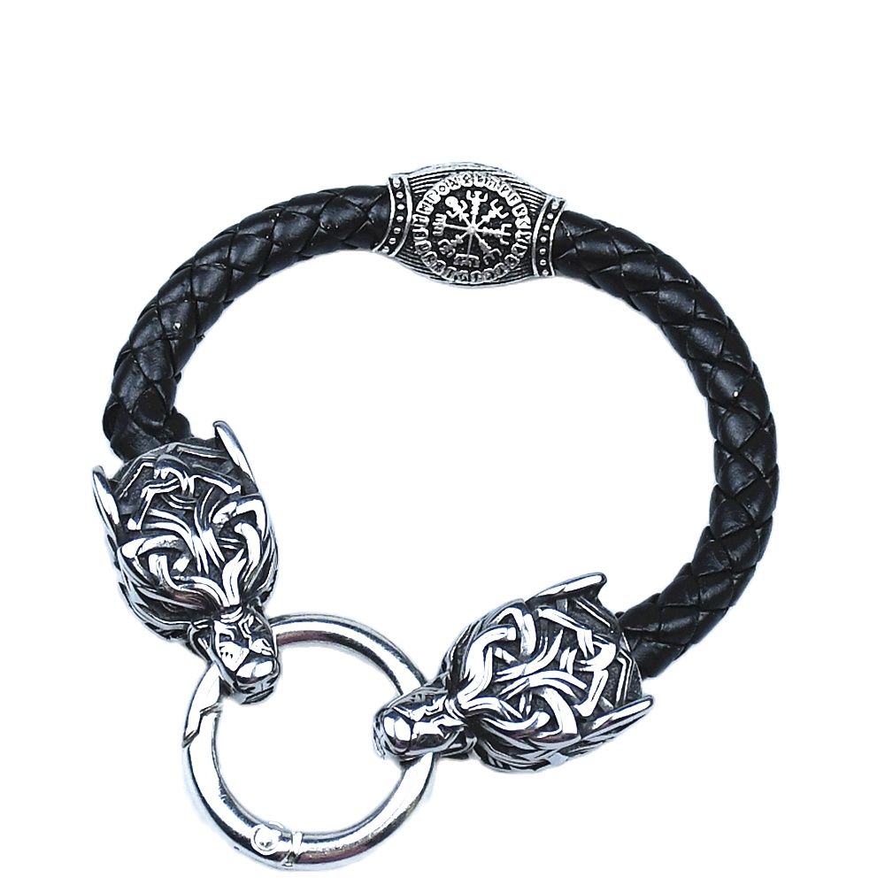 Men Accessories Ring And Bracelet - Edelstahl-Wolfskopf-Armbänder für Damen und Herren, Wikinger-Runenperlen-Lederarmband,