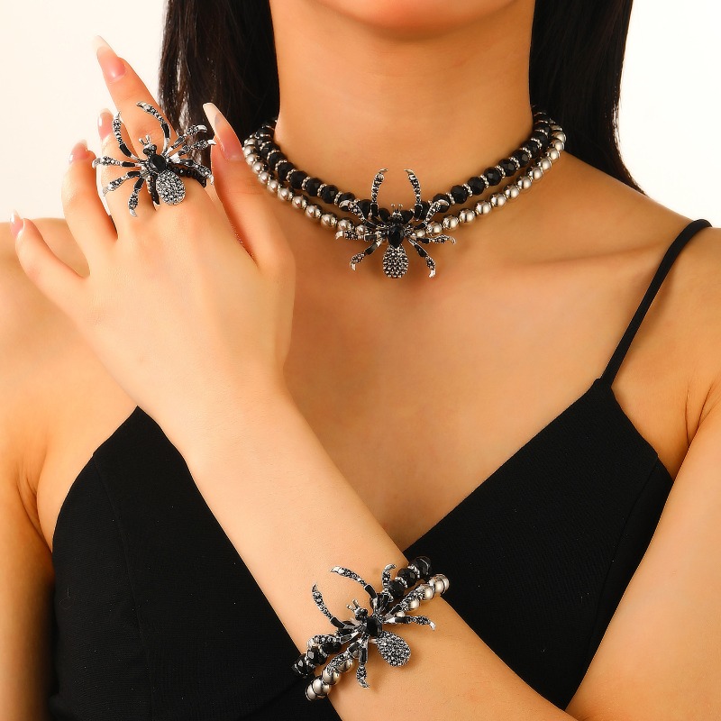 Men Accessories Ring And Bracelet - Gotisches Spinnen-Perlen-Armband, Ring und Halskette für