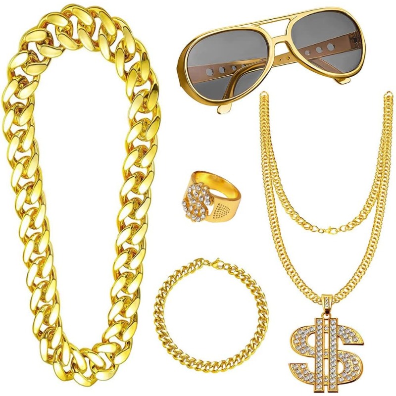Men Accessories Ring And Bracelet - 5-teiliges Hip-Hop-Kostüm-Set, 80er-Jahre-Kostümzubehör, künstliche Goldkette/Armband, Halskette,