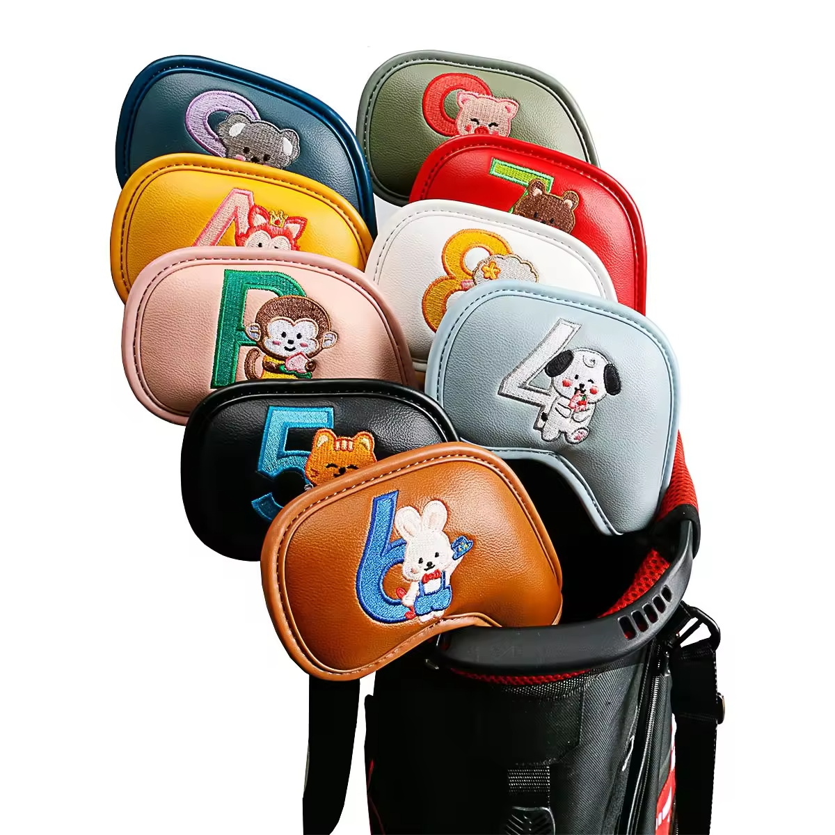Men Accessories To Gift - 9-teiliges Set Niedliche Cartoon-Tier Golf-Eisenkopfhüllen, PU-Leder